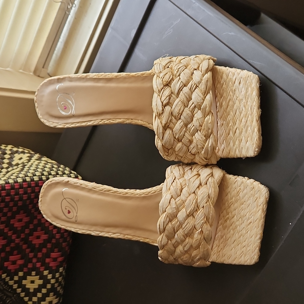 Raffia Squared Toe Mule Heels